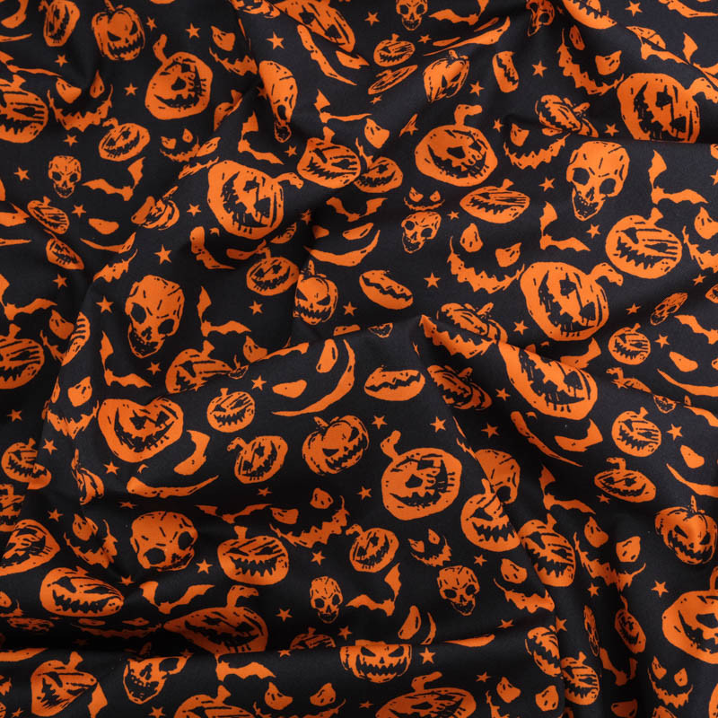 Tissu Coton Halloween Motif Citrouilles Fond Noir - Maison Klem